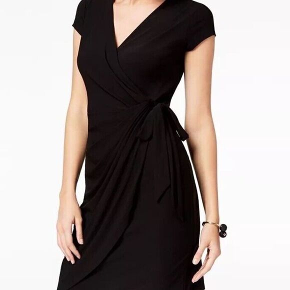 INC International Concepts Women's Cap-Sleeve Faux-Wrap Dress Black - Picture 1 of 4